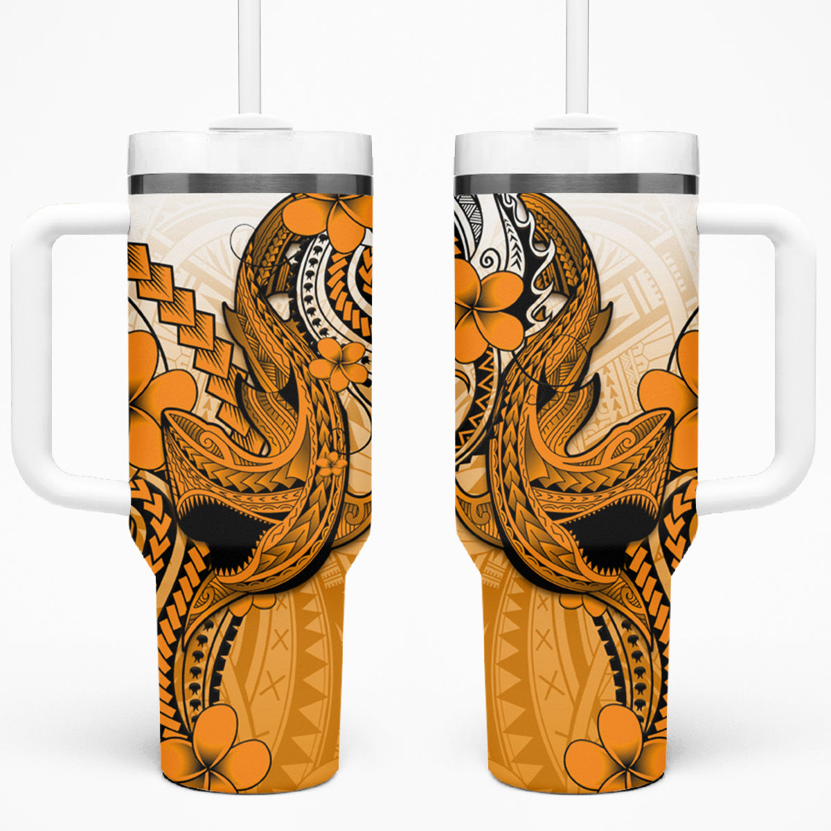 Hawaii Tumbler With Handle Polynesian Shark Tattoo With Plumeria Orange Gradient