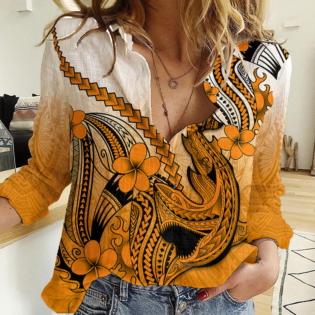 Hawaii Women Casual Shirt Polynesian Shark Tattoo With Plumeria Orange Gradient LT14 Female Orange - Polynesian Pride