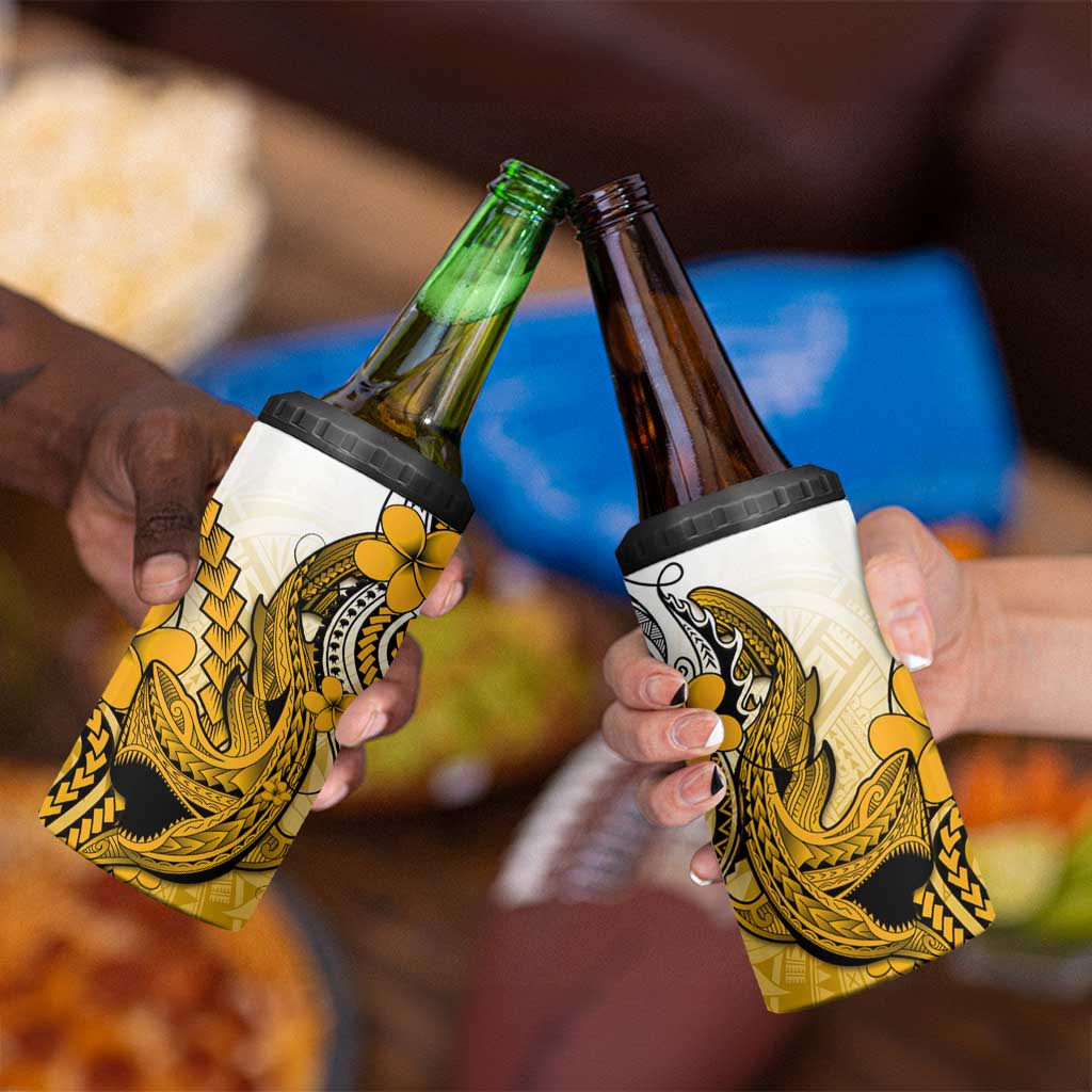 Hawaii 4 in 1 Can Cooler Tumbler Polynesian Shark Tattoo With Plumeria Gold Gradient