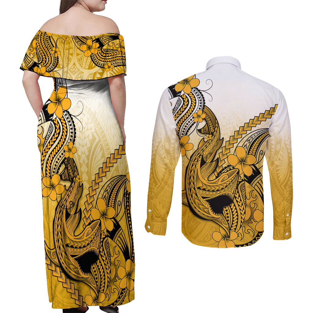 Hawaii Couples Matching Off Shoulder Maxi Dress and Long Sleeve Button Shirts Polynesian Shark Tattoo With Plumeria Gold Gradient LT14 - Polynesian Pride