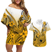 Hawaii Couples Matching Off Shoulder Short Dress and Hawaiian Shirt Polynesian Shark Tattoo With Plumeria Gold Gradient LT14 Gold - Polynesian Pride