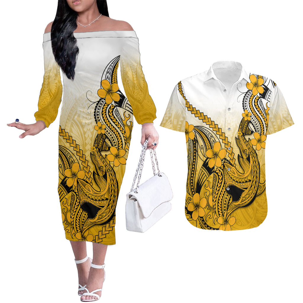 Hawaii Couples Matching Off The Shoulder Long Sleeve Dress and Hawaiian Shirt Polynesian Shark Tattoo With Plumeria Gold Gradient LT14 Gold - Polynesian Pride