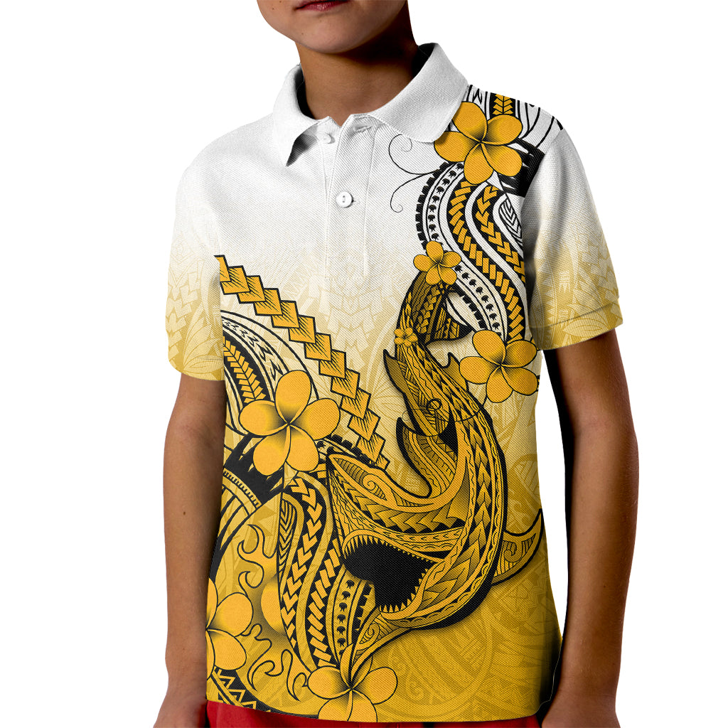 Hawaii Kid Polo Shirt Polynesian Shark Tattoo With Plumeria Gold Gradient LT14 Kid Gold - Polynesian Pride