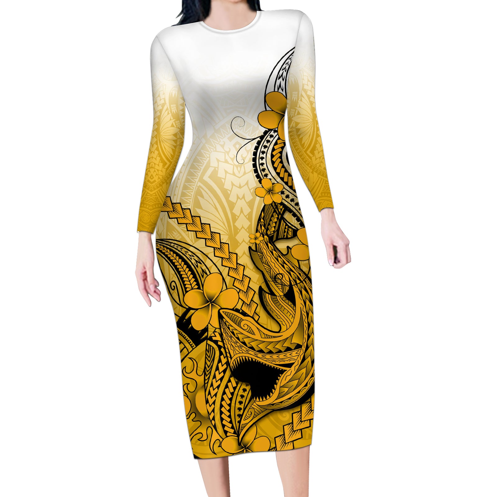 Hawaii Long Sleeve Bodycon Dress Polynesian Shark Tattoo With Plumeria Gold Gradient LT14 Long Dress Gold - Polynesian Pride