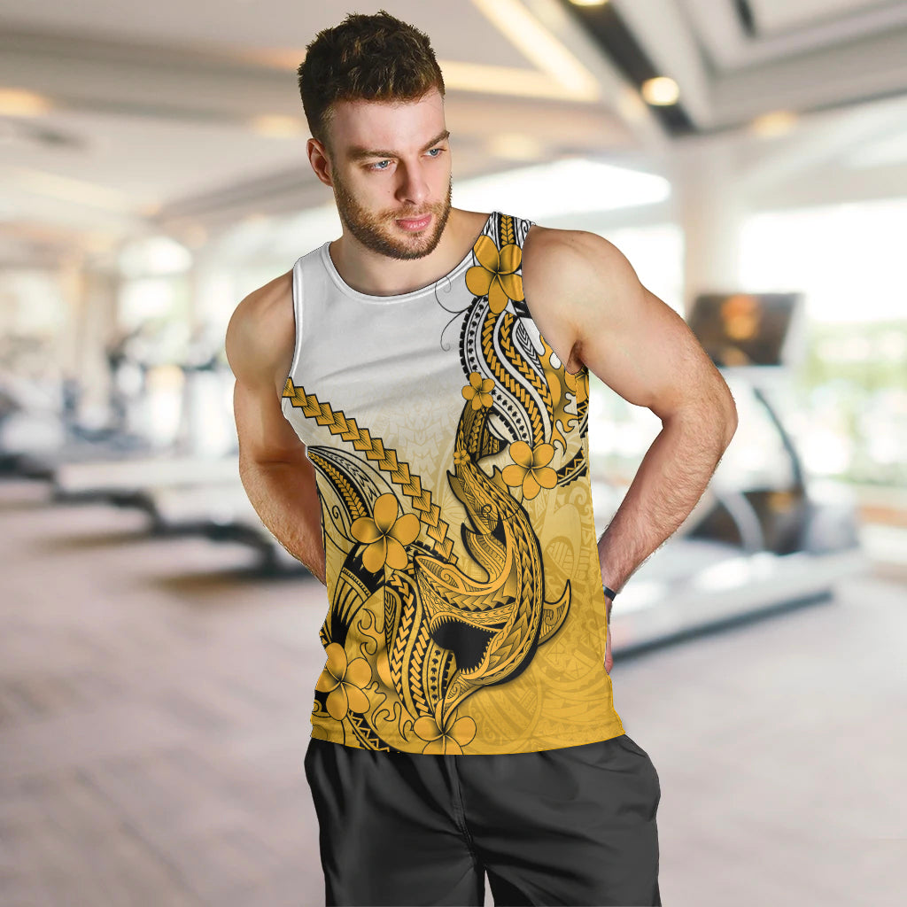 Hawaii Men Tank Top Polynesian Shark Tattoo With Plumeria Gold Gradient LT14 - Polynesian Pride