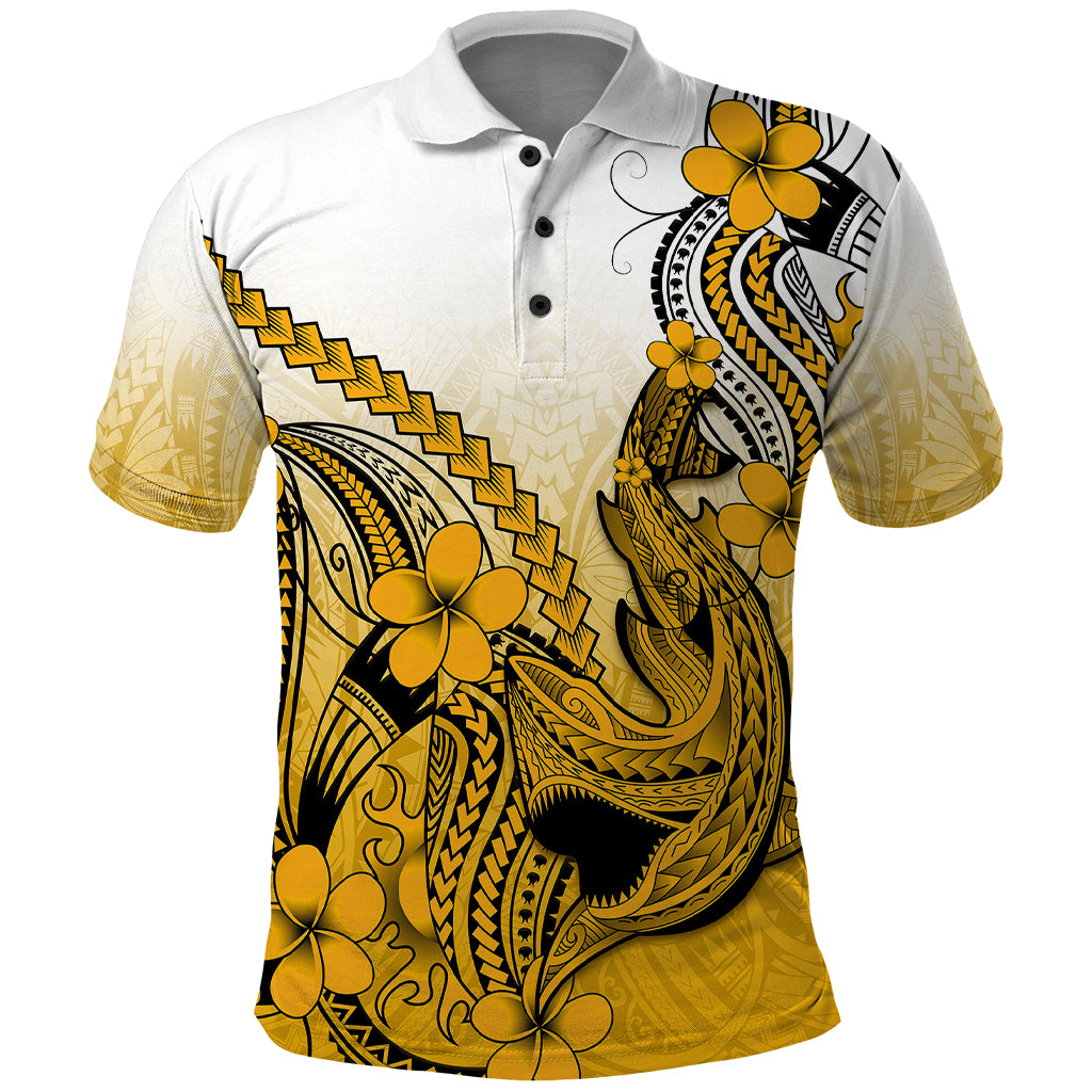 Hawaii Polo Shirt Polynesian Shark Tattoo With Plumeria Gold Gradient LT14 Gold - Polynesian Pride