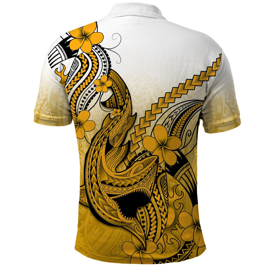 Hawaii Polo Shirt Polynesian Shark Tattoo With Plumeria Gold Gradient LT14 - Polynesian Pride