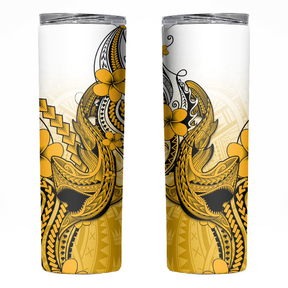 Hawaii Skinny Tumbler Polynesian Shark Tattoo With Plumeria Gold Gradient