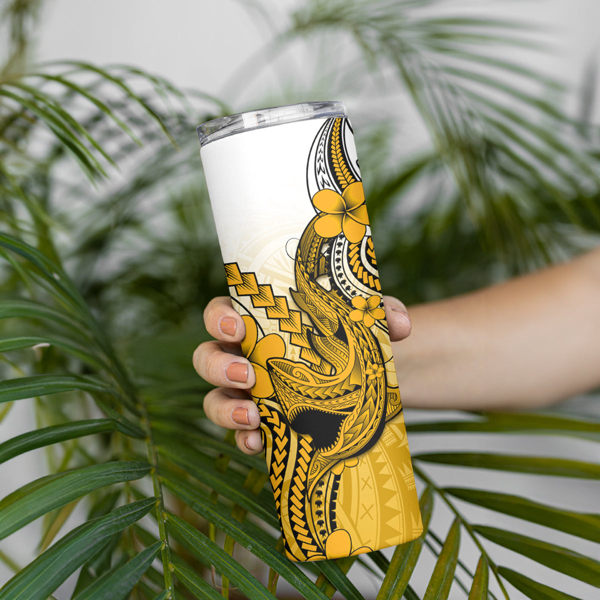 Hawaii Skinny Tumbler Polynesian Shark Tattoo With Plumeria Gold Gradient