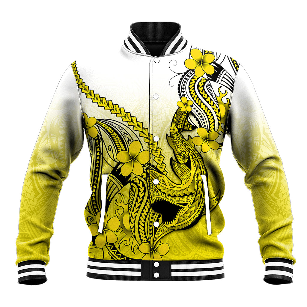 Hawaii Baseball Jacket Polynesian Shark Tattoo With Plumeria Yellow Gradient LT14 Unisex Yellow - Polynesian Pride
