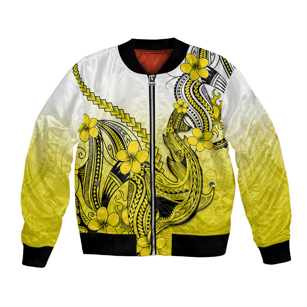 Hawaii Bomber Jacket Polynesian Shark Tattoo With Plumeria Yellow Gradient LT14 Unisex Yellow - Polynesian Pride