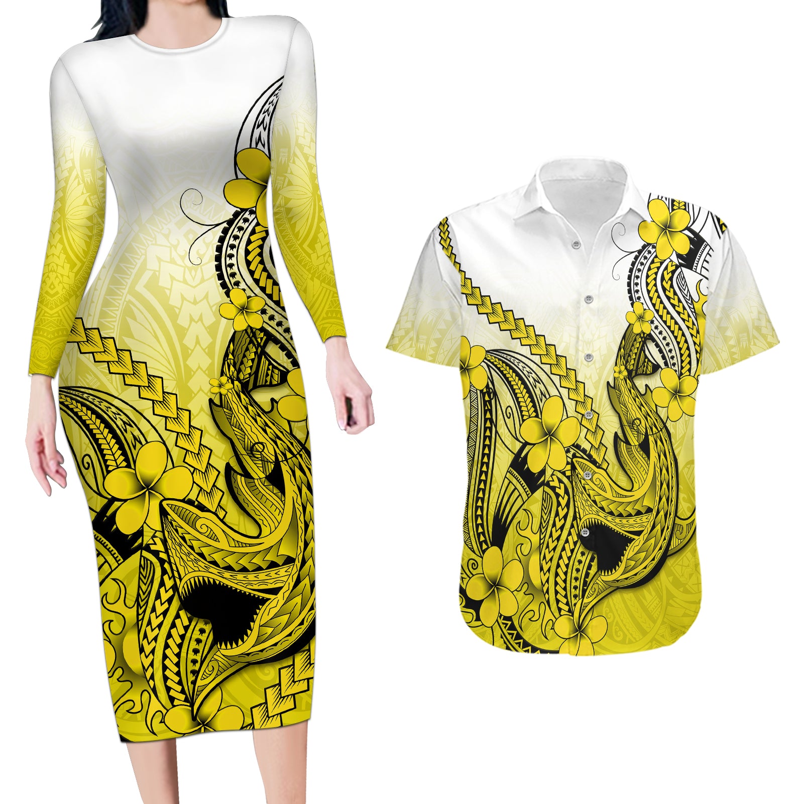 Hawaii Couples Matching Long Sleeve Bodycon Dress and Hawaiian Shirt Polynesian Shark Tattoo With Plumeria Yellow Gradient LT14 Yellow - Polynesian Pride