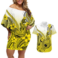 Hawaii Couples Matching Off Shoulder Short Dress and Hawaiian Shirt Polynesian Shark Tattoo With Plumeria Yellow Gradient LT14 Yellow - Polynesian Pride