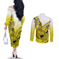 Hawaii Couples Matching Off The Shoulder Long Sleeve Dress and Long Sleeve Button Shirts Polynesian Shark Tattoo With Plumeria Yellow Gradient LT14 - Polynesian Pride