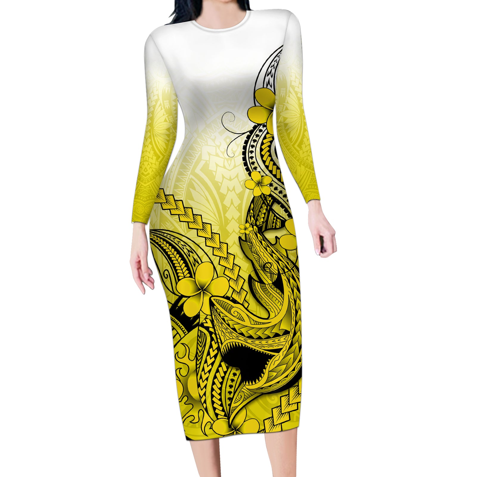 Hawaii Long Sleeve Bodycon Dress Polynesian Shark Tattoo With Plumeria Yellow Gradient LT14 Long Dress Yellow - Polynesian Pride