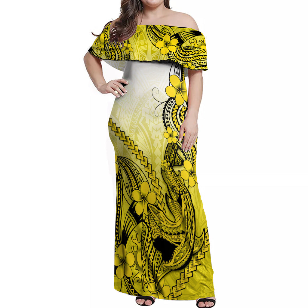 Hawaii Off Shoulder Maxi Dress Polynesian Shark Tattoo With Plumeria Yellow Gradient LT14 Women Yellow - Polynesian Pride