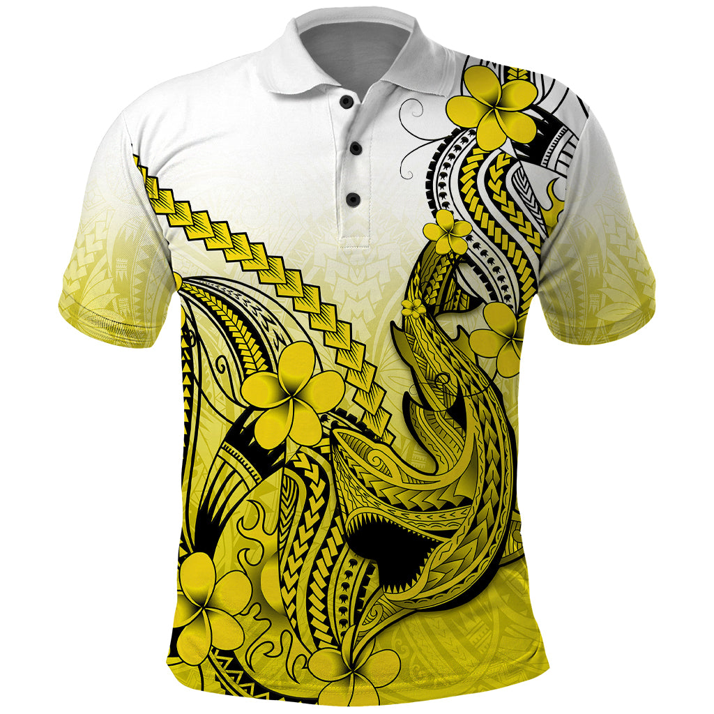 Hawaii Polo Shirt Polynesian Shark Tattoo With Plumeria Yellow Gradient LT14 Yellow - Polynesian Pride