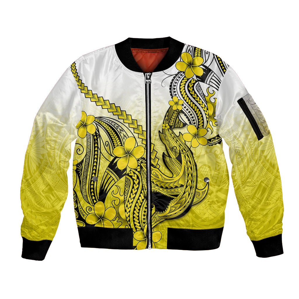 Hawaii Sleeve Zip Bomber Jacket Polynesian Shark Tattoo With Plumeria Yellow Gradient LT14 Unisex Yellow - Polynesian Pride