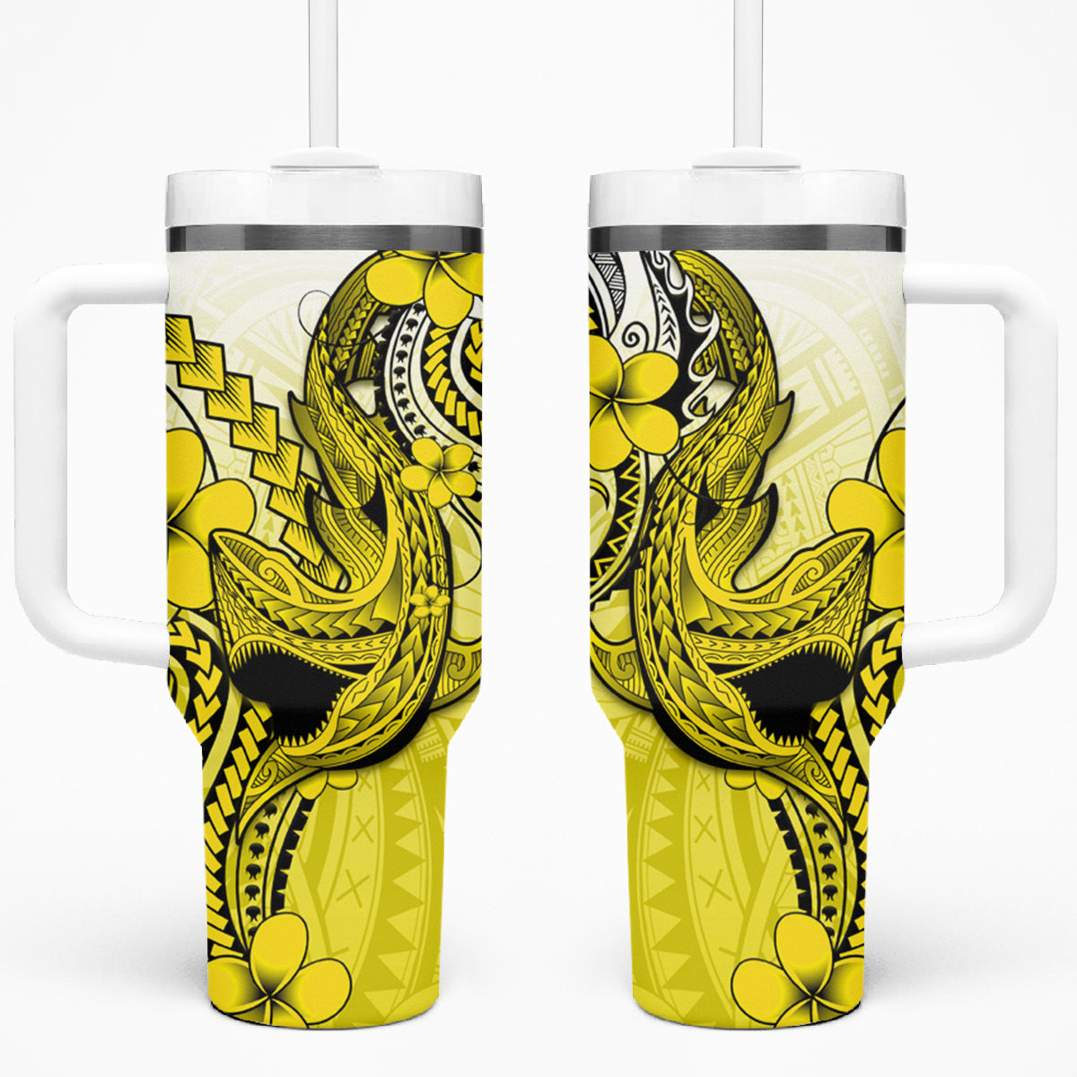 Hawaii Tumbler With Handle Polynesian Shark Tattoo With Plumeria Yellow Gradient