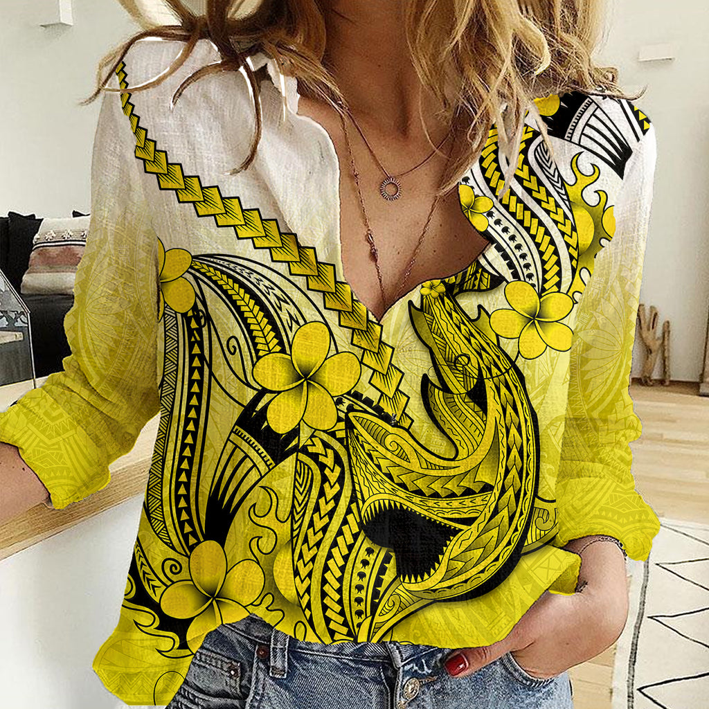 Hawaii Women Casual Shirt Polynesian Shark Tattoo With Plumeria Yellow Gradient LT14 Female Yellow - Polynesian Pride