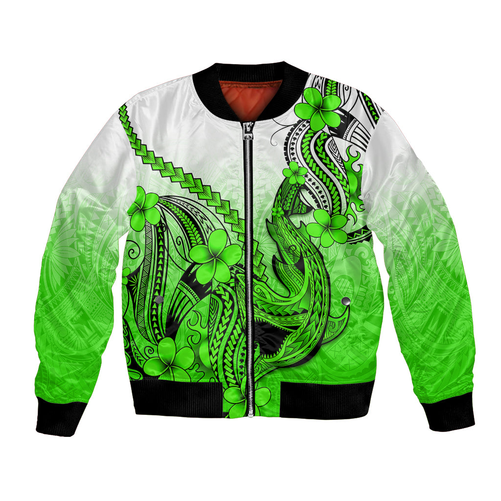 Hawaii Bomber Jacket Polynesian Shark Tattoo With Plumeria Green Gradient LT14 Unisex Green - Polynesian Pride