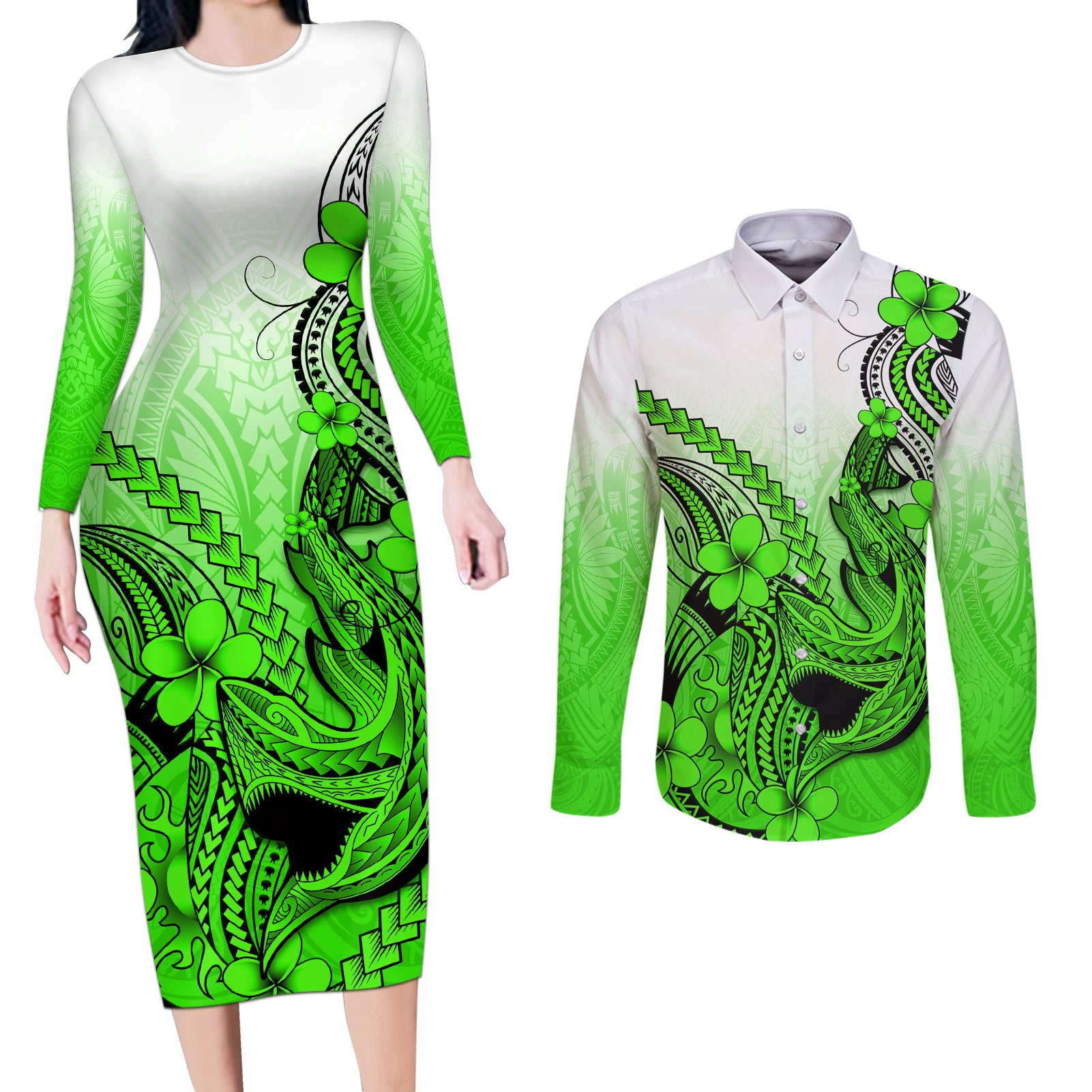 Hawaii Couples Matching Long Sleeve Bodycon Dress and Long Sleeve Button Shirts Polynesian Shark Tattoo With Plumeria Green Gradient LT14 Green - Polynesian Pride