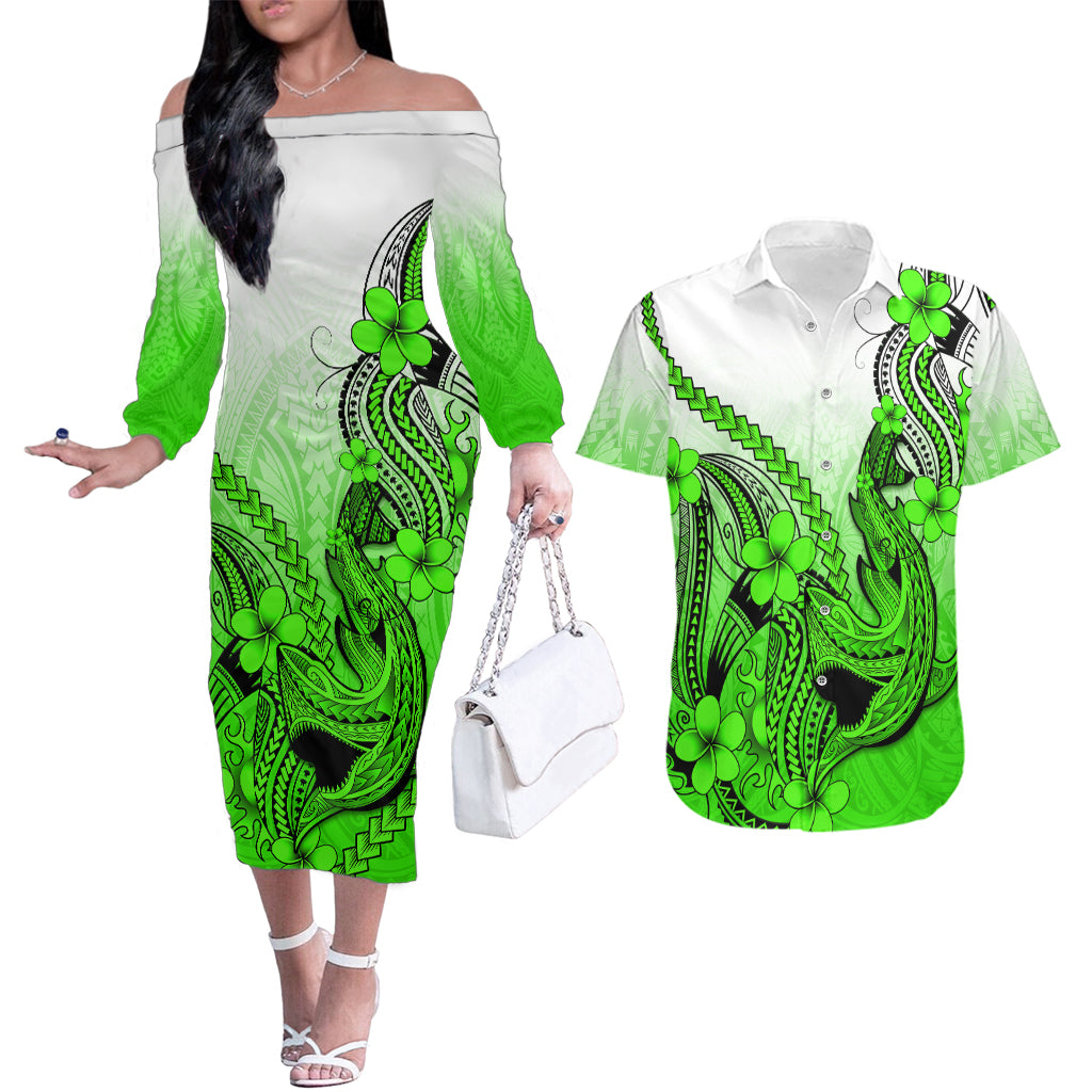 Hawaii Couples Matching Off The Shoulder Long Sleeve Dress and Hawaiian Shirt Polynesian Shark Tattoo With Plumeria Green Gradient LT14 Green - Polynesian Pride