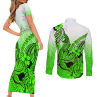 Hawaii Couples Matching Short Sleeve Bodycon Dress and Long Sleeve Button Shirts Polynesian Shark Tattoo With Plumeria Green Gradient LT14 - Polynesian Pride