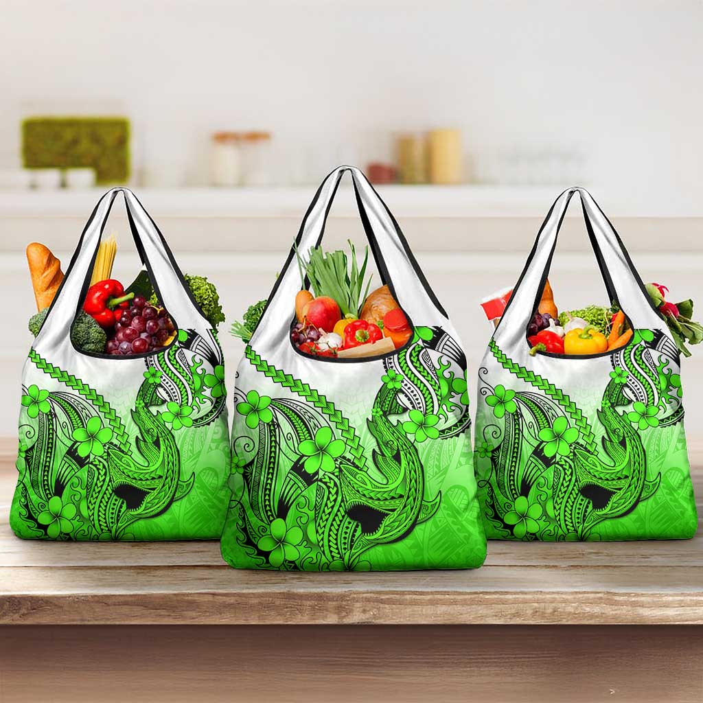 Green Gradient Hawaii Grocery Bag Polynesian Shark Tattoo With Plumeria LT14 3-pack One Size Green - Polynesian Pride