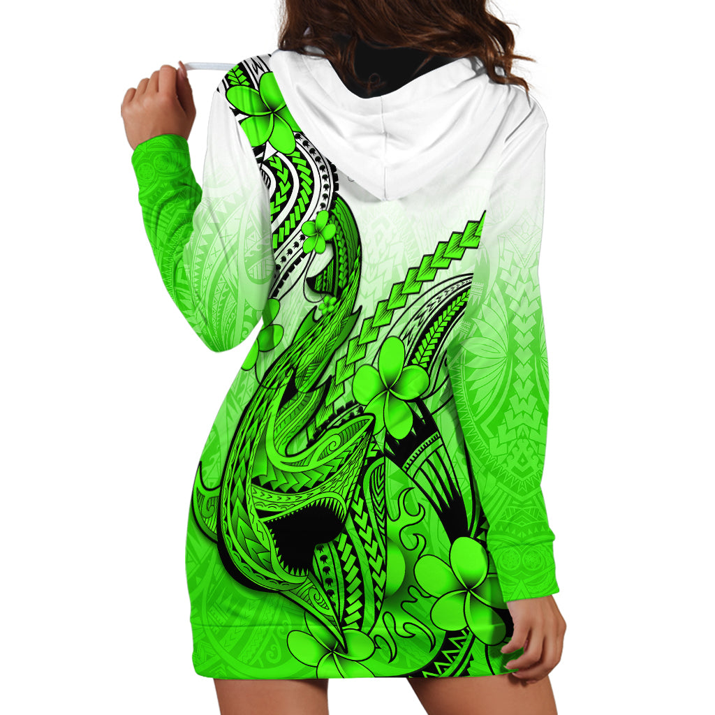 Hawaii Hoodie Dress Polynesian Shark Tattoo With Plumeria Green Gradient LT14 - Polynesian Pride