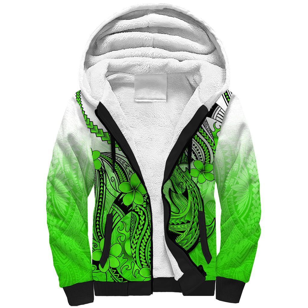 Hawaii Sherpa Hoodie Polynesian Shark Tattoo With Plumeria Green Gradient LT14 Unisex Green - Polynesian Pride
