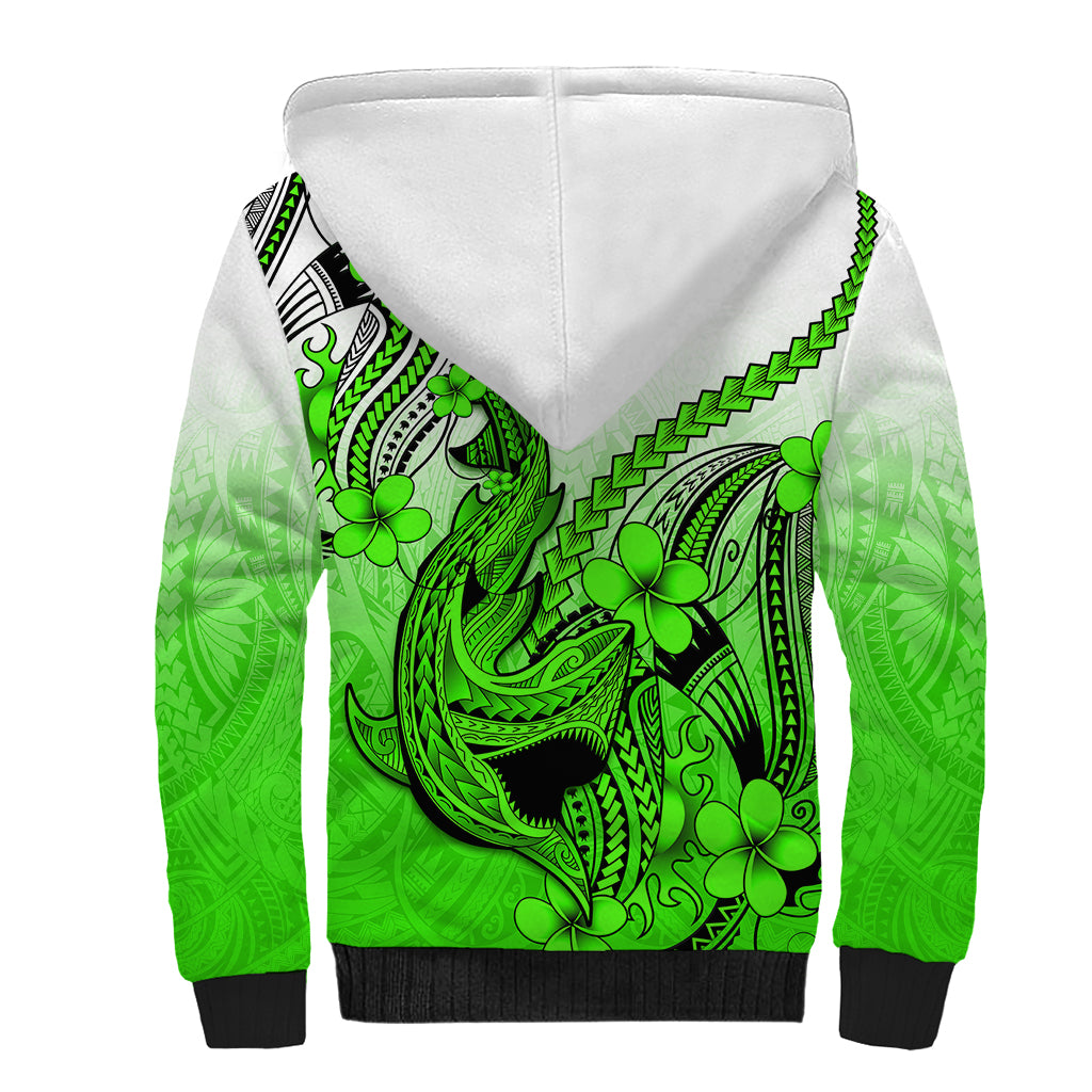Hawaii Sherpa Hoodie Polynesian Shark Tattoo With Plumeria Green Gradient LT14 - Polynesian Pride