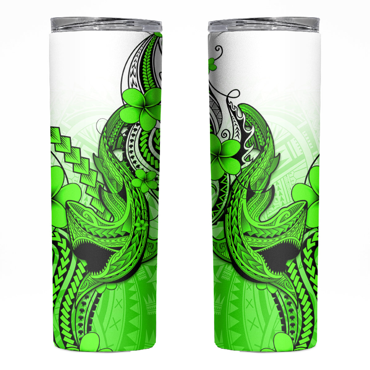 Hawaii Skinny Tumbler Polynesian Shark Tattoo With Plumeria Green Gradient