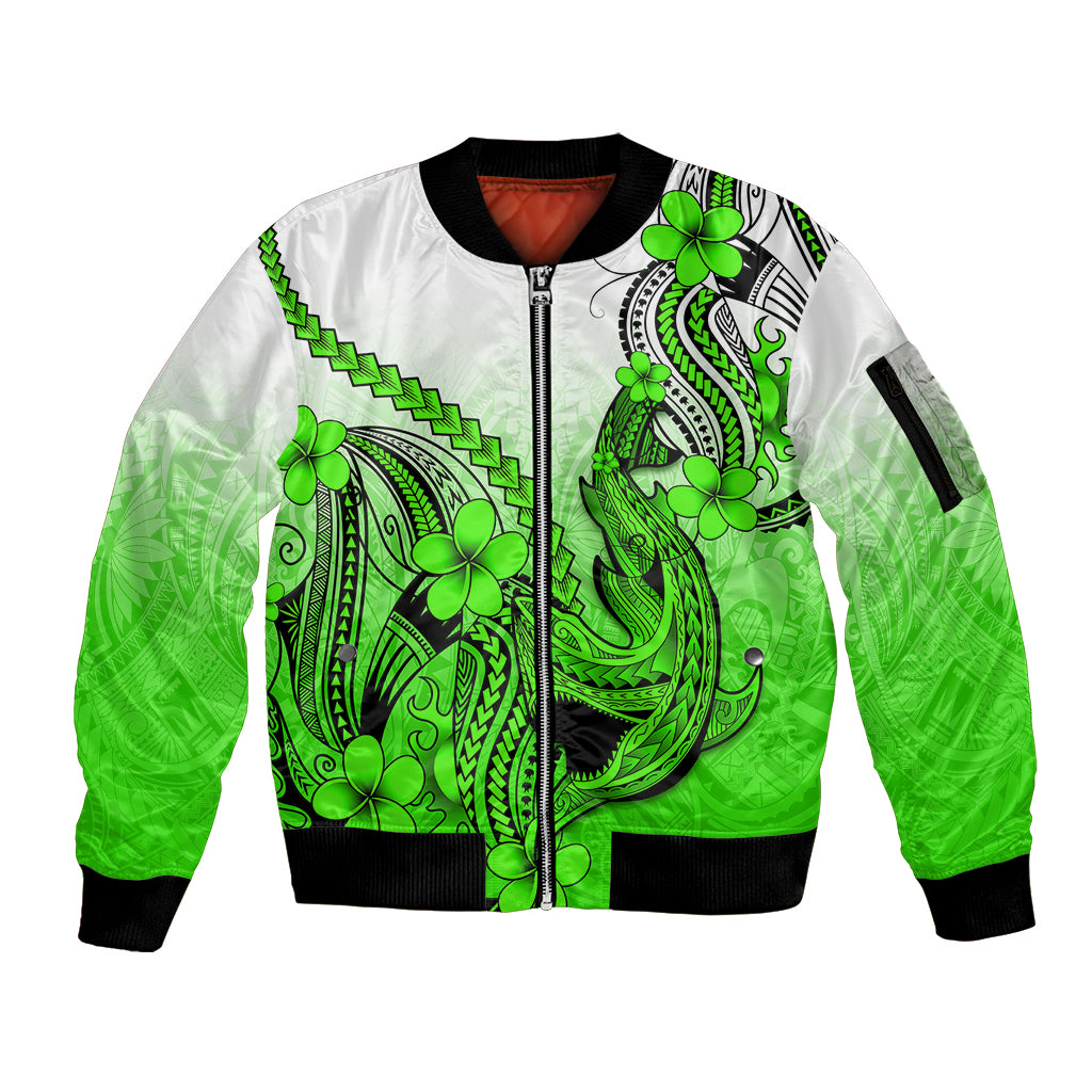 Hawaii Sleeve Zip Bomber Jacket Polynesian Shark Tattoo With Plumeria Green Gradient LT14 Unisex Green - Polynesian Pride