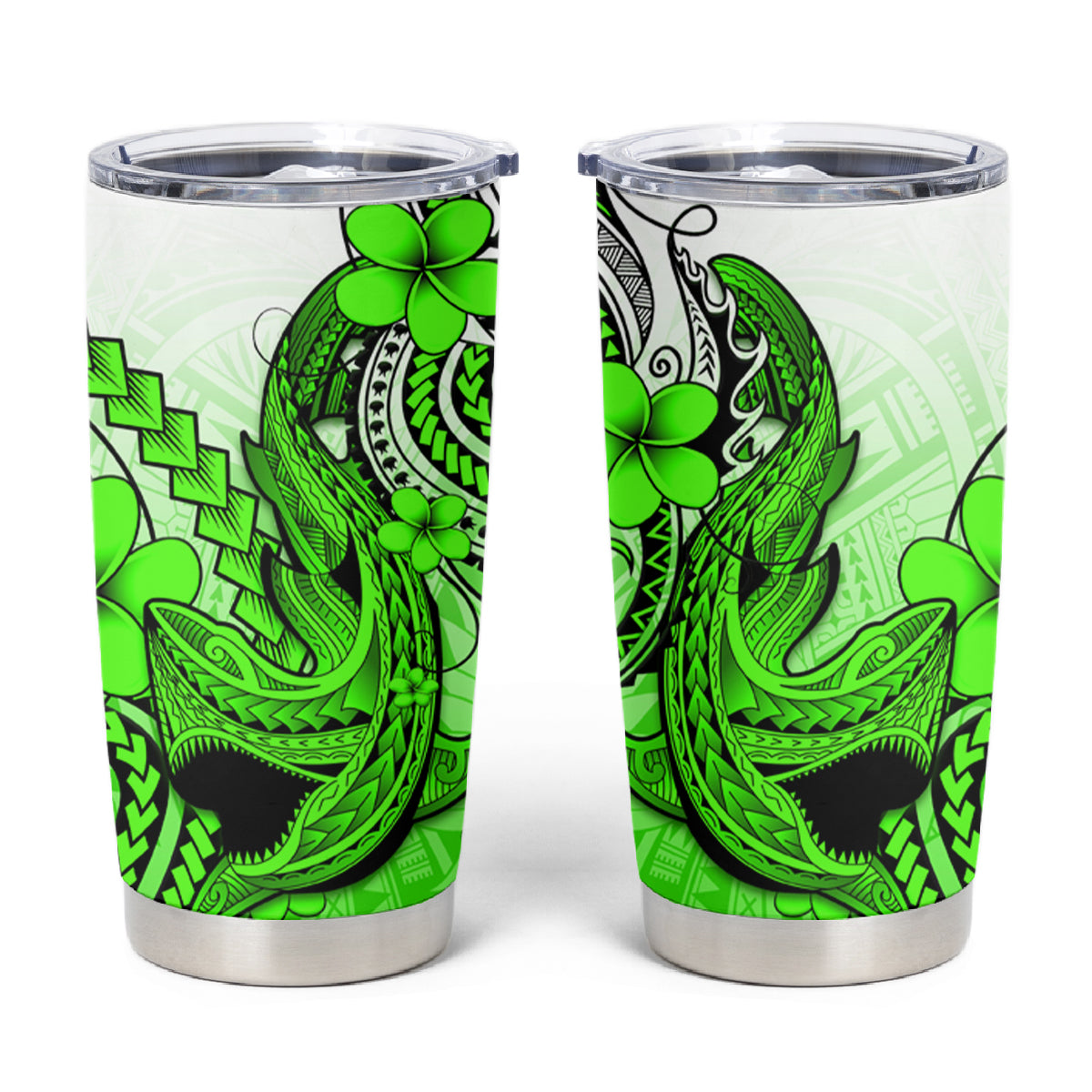 Hawaii Tumbler Cup Polynesian Shark Tattoo With Plumeria Green Gradient