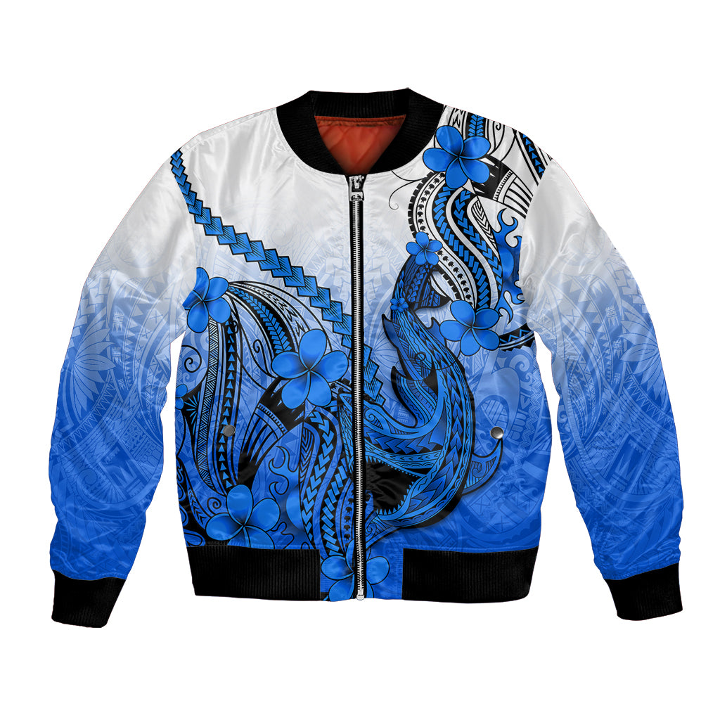 Hawaii Bomber Jacket Polynesian Shark Tattoo With Plumeria Blue Gradient LT14 Unisex Blue - Polynesian Pride