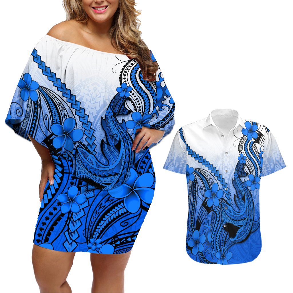 Hawaii Couples Matching Off Shoulder Short Dress and Hawaiian Shirt Polynesian Shark Tattoo With Plumeria Blue Gradient LT14 Blue - Polynesian Pride
