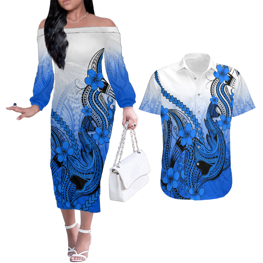 Hawaii Couples Matching Off The Shoulder Long Sleeve Dress and Hawaiian Shirt Polynesian Shark Tattoo With Plumeria Blue Gradient LT14 Blue - Polynesian Pride