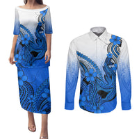 Hawaii Couples Matching Puletasi Dress and Long Sleeve Button Shirts Polynesian Shark Tattoo With Plumeria Blue Gradient LT14 Blue - Polynesian Pride