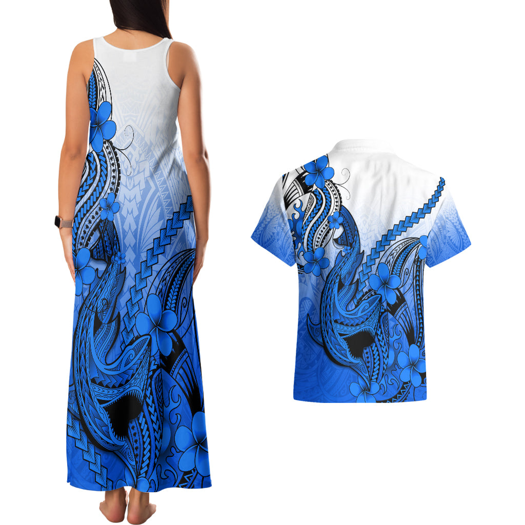 Hawaii Couples Matching Tank Maxi Dress And Hawaiian Shirt Polynesian Shark Tattoo With Plumeria Blue Gradient LT14 - Polynesian Pride
