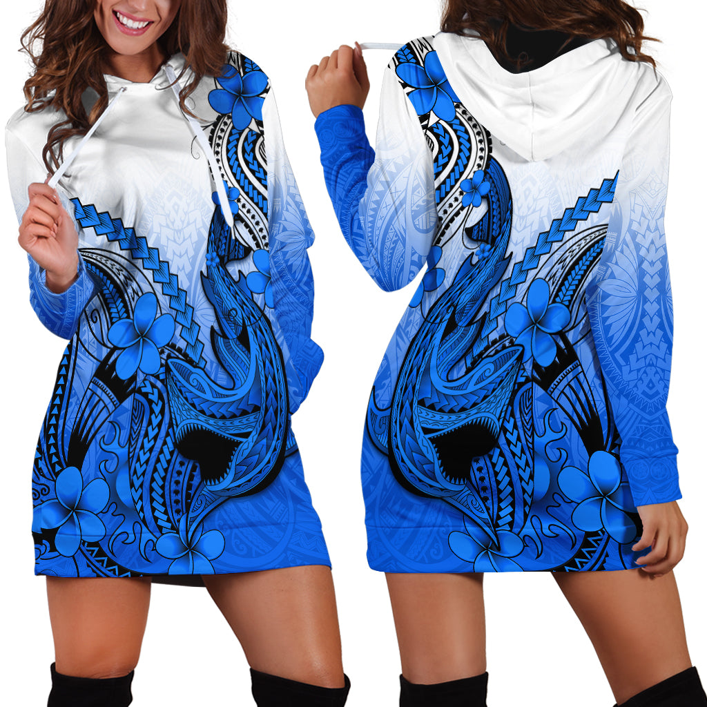 Hawaii Hoodie Dress Polynesian Shark Tattoo With Plumeria Blue Gradient LT14 - Polynesian Pride