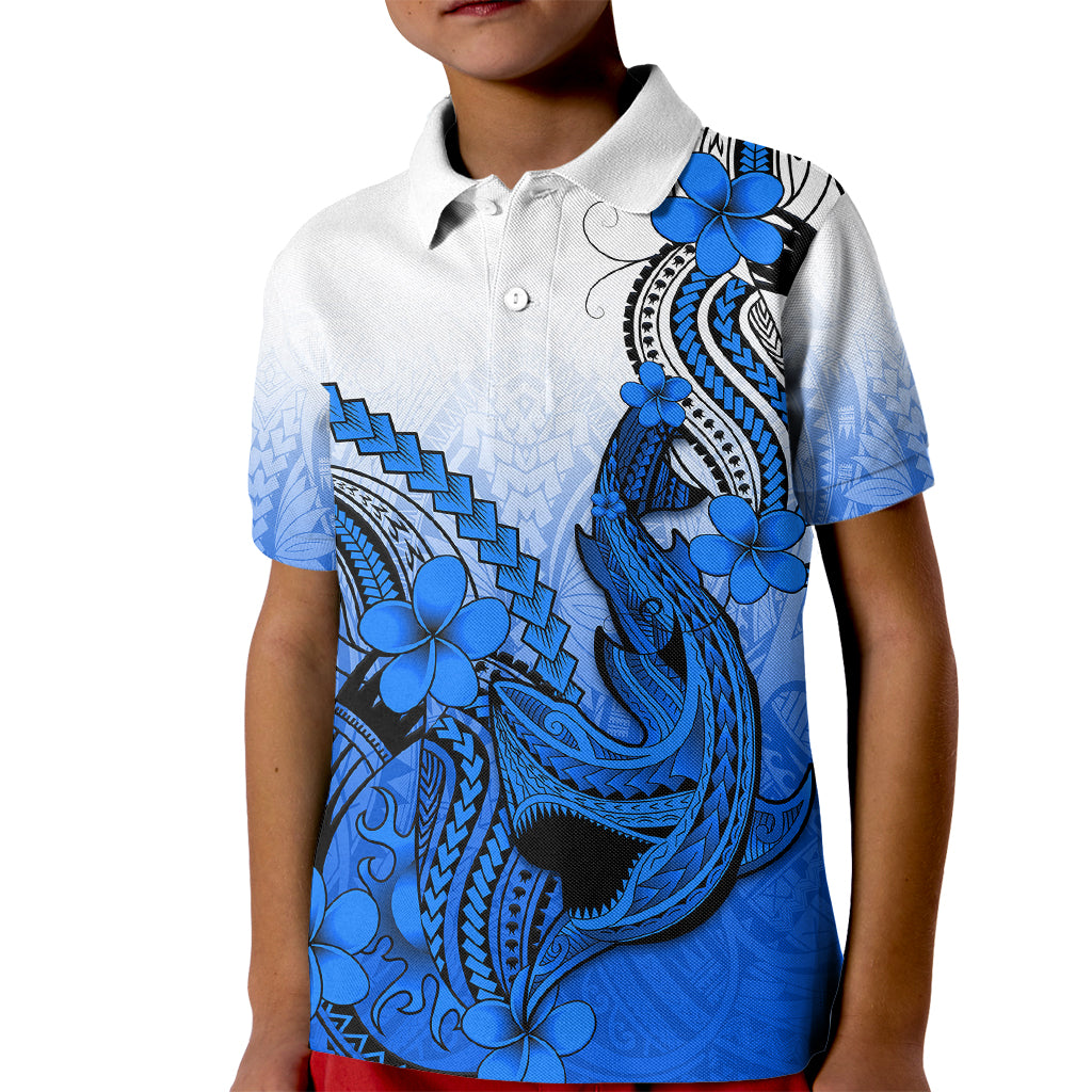 Hawaii Kid Polo Shirt Polynesian Shark Tattoo With Plumeria Blue Gradient LT14 Kid Blue - Polynesian Pride