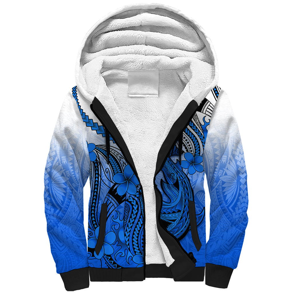Hawaii Sherpa Hoodie Polynesian Shark Tattoo With Plumeria Blue Gradient LT14 Unisex Blue - Polynesian Pride