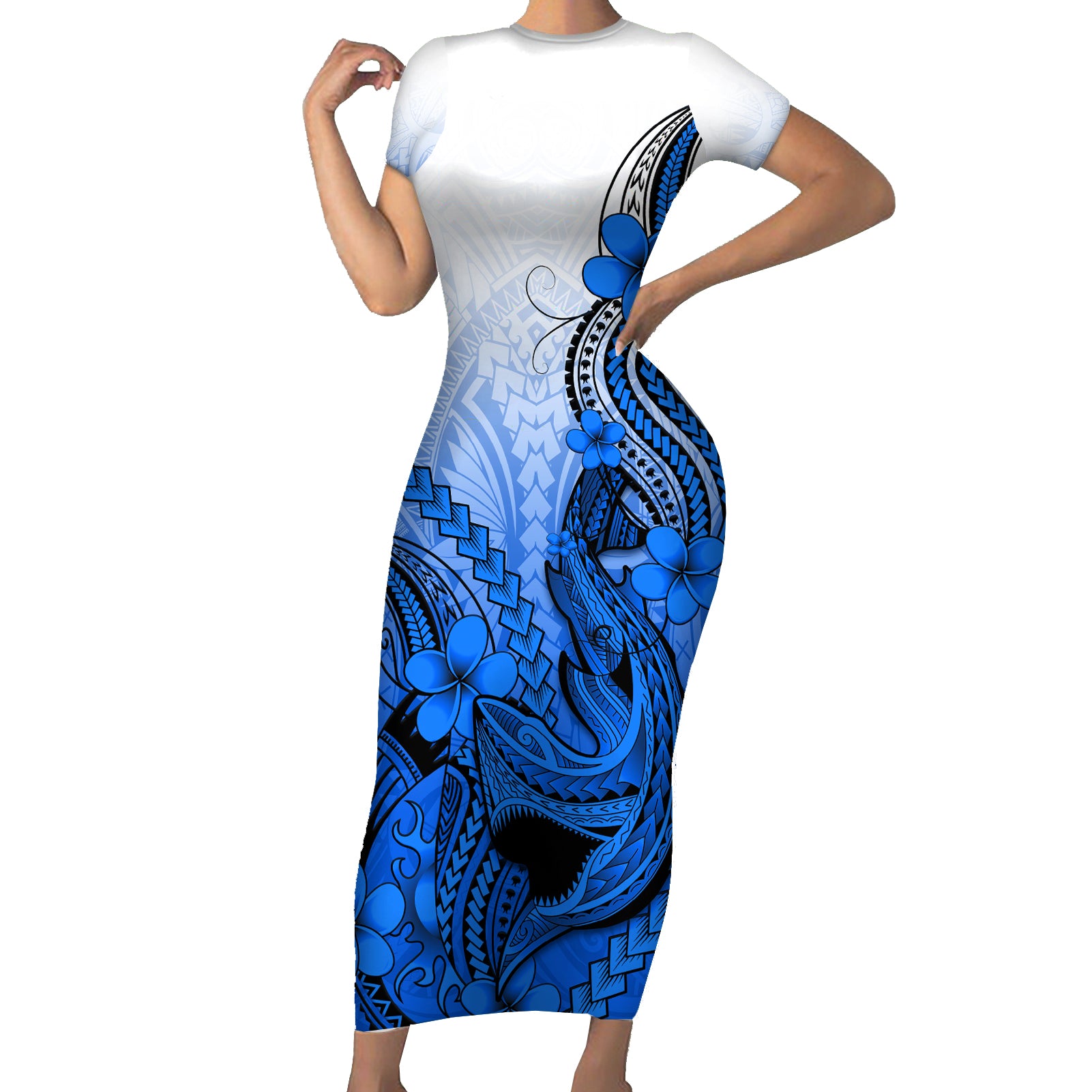 Hawaii Short Sleeve Bodycon Dress Polynesian Shark Tattoo With Plumeria Blue Gradient LT14 Long Dress Blue - Polynesian Pride