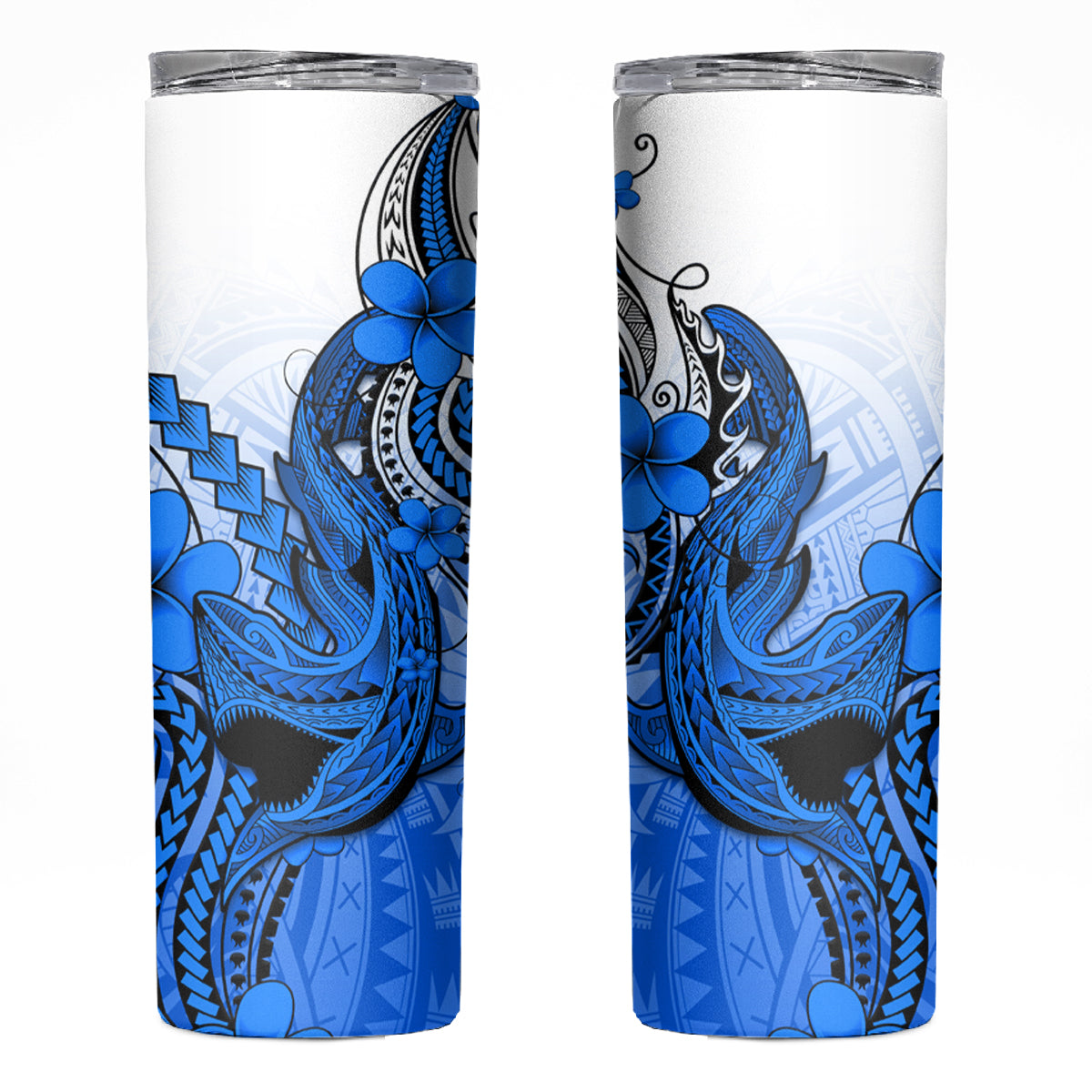 Hawaii Skinny Tumbler Polynesian Shark Tattoo With Plumeria Blue Gradient