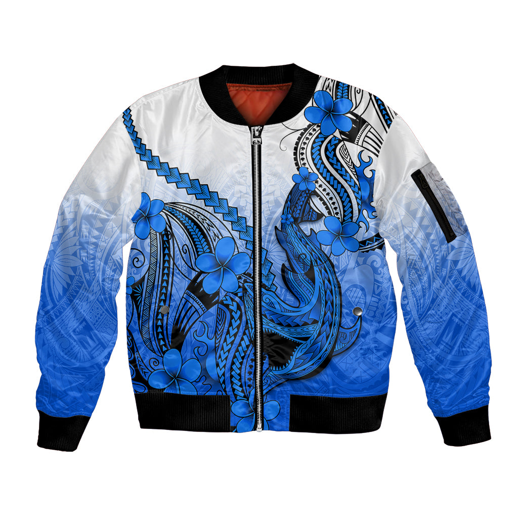 Hawaii Sleeve Zip Bomber Jacket Polynesian Shark Tattoo With Plumeria Blue Gradient LT14 Unisex Blue - Polynesian Pride