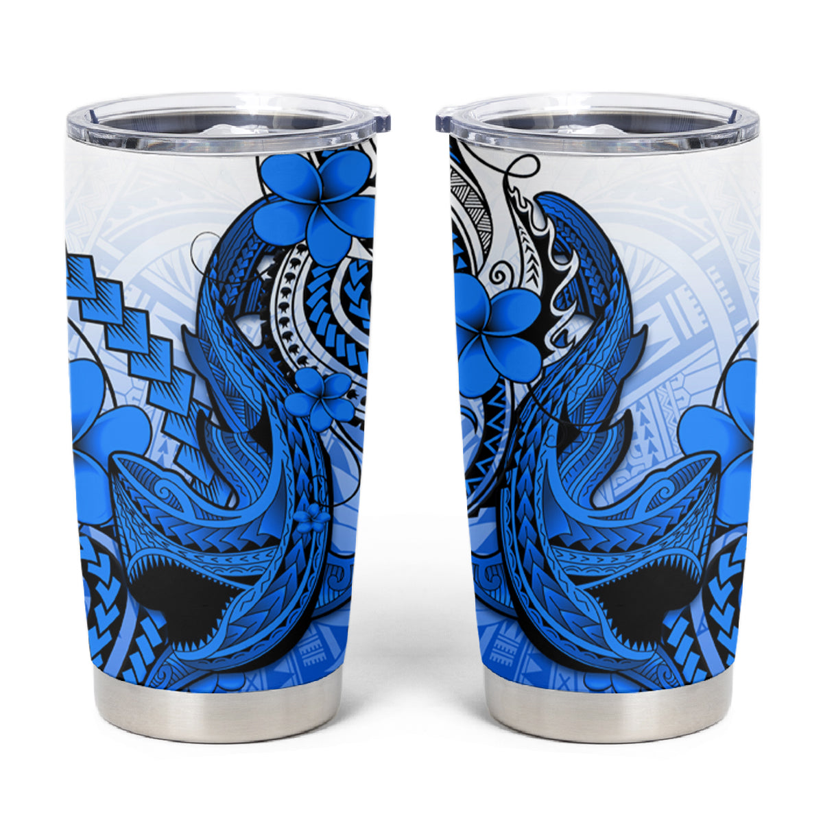 Hawaii Tumbler Cup Polynesian Shark Tattoo With Plumeria Blue Gradient