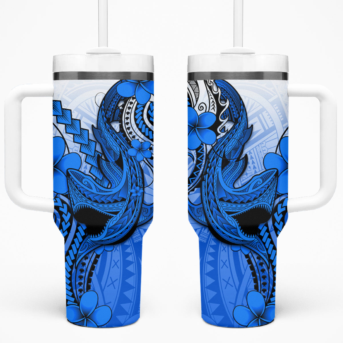 Hawaii Tumbler With Handle Polynesian Shark Tattoo With Plumeria Blue Gradient