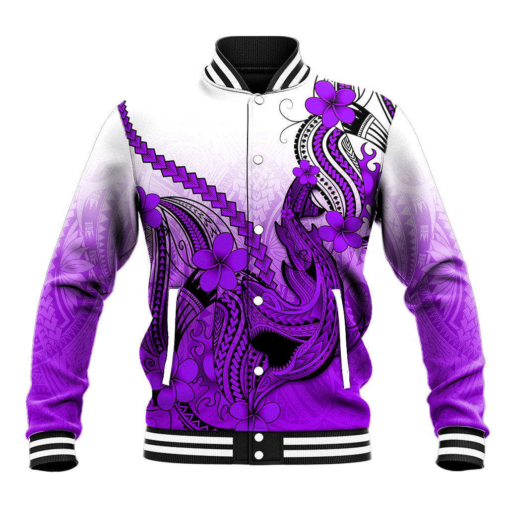 Hawaii Baseball Jacket Polynesian Shark Tattoo With Plumeria Purple Gradient LT14 Unisex Purple - Polynesian Pride