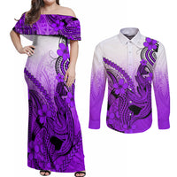 Hawaii Couples Matching Off Shoulder Maxi Dress and Long Sleeve Button Shirts Polynesian Shark Tattoo With Plumeria Purple Gradient LT14 Purple - Polynesian Pride